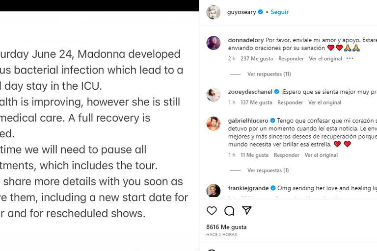 El anuncio del representante de Madonna tras su internación