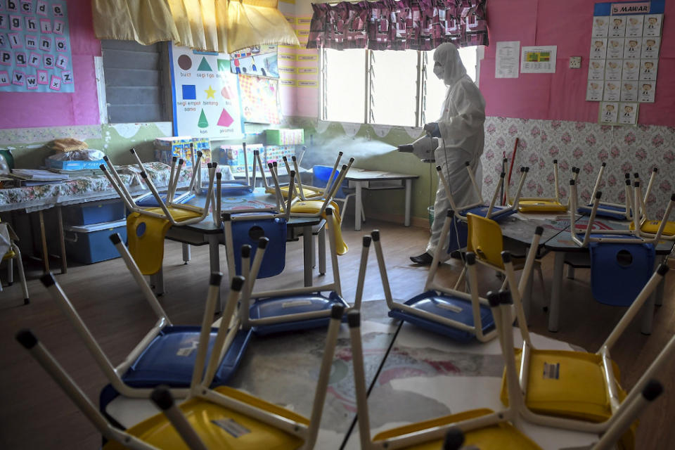 A kindergarten in Taman Setapak Jaya, Kuala Lumpur undergoes disinfection March 25, 2020. — Bernama pic