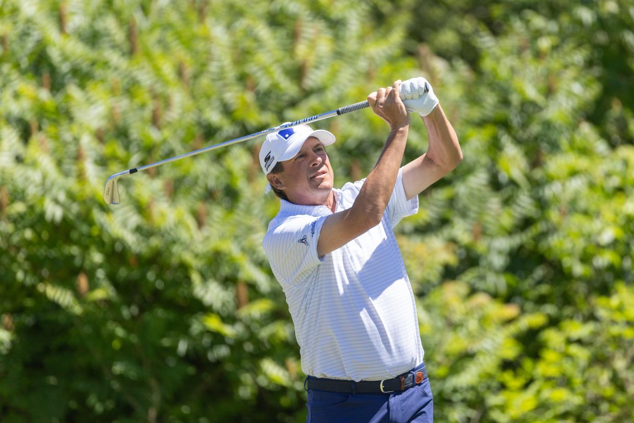 Billy Andrade follows his ball at the U.S. Senior Open at Newport Country Club, Friday.