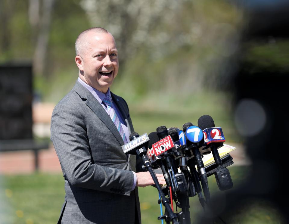 Richmond Mayor Dave Snow addresses the media during a press conference about a large fire April 13, 2023.