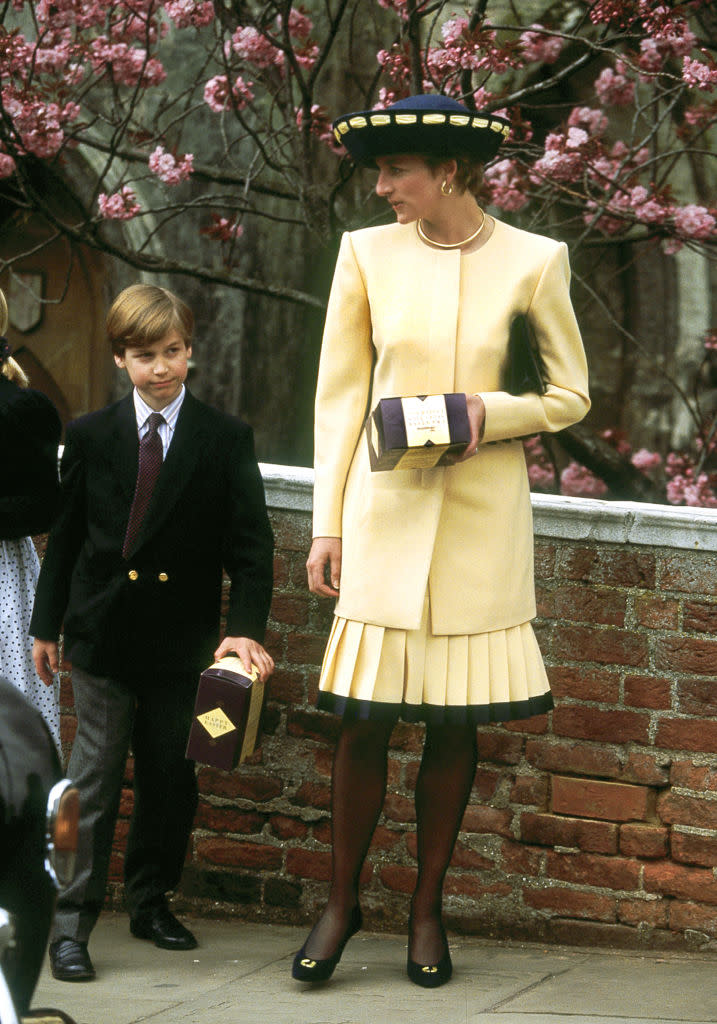 easter outfit fashion style, Princess Diana and her son Prince William leaving Windsor Chapel after the traditional Easter service, April 1992. They are both holding Easter eggs that had been given to them. (Photo by Jayne Fincher/Getty Images)