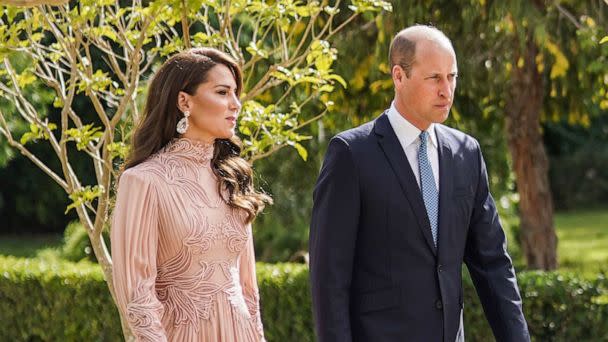 PHOTO: Britain's Prince William and Princess Catherine arrive at the marriage ceremony of Crown Prince Hussein and Saudi architect Rajwa Alseif, June 1, 2023, in Amman, Jordan. (Royal Hashemite Court via AP)