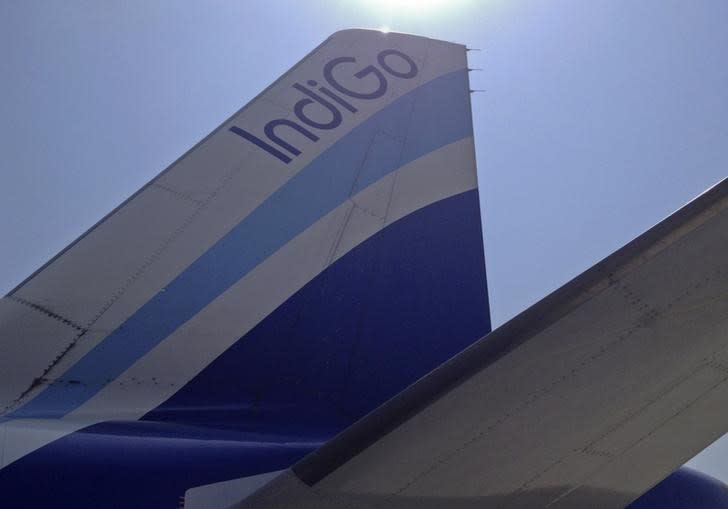 The tail fin of an IndiGo Airlines A320 aircraft is pictured at Rajiv Gandhi International Airport in Hyderabad March 7, 2012. REUTERS/Vivek Prakash