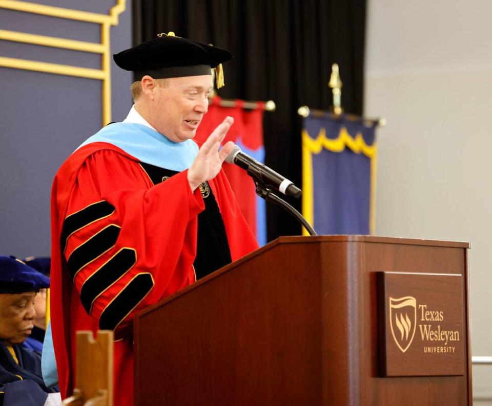 Don Killingsworth, president of Jacksonville State University, introduces Emily W. Messer during her investiture as the 21st and first female president in Texas Wesleyan history. Messer was an administrator at Jacksonville State before joining Texas Wesleyan in 2023.