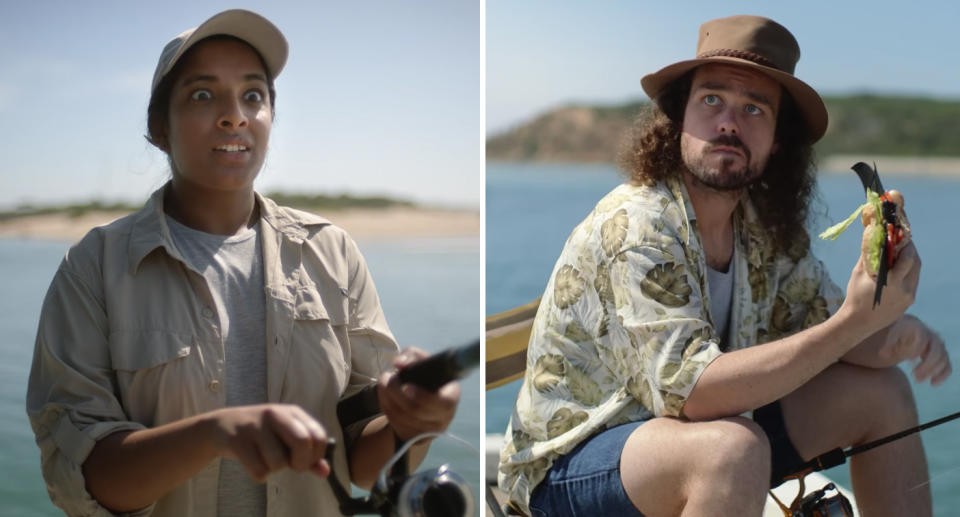 Two screenshots from the ad - a woman fishing and a mat eating a "bat sandwich".