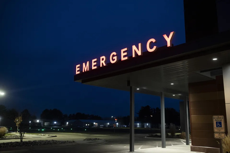 The emergency entrance at Melrose Hospital in Melrose, Minn., on Nov. 25, 2020. (Tim Gruber/The New York Times)