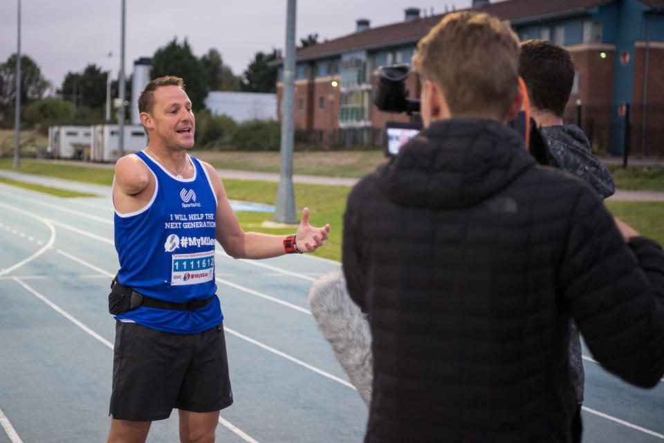 Tim Lawler, Danny Crates and Andrew Cohen-Wray run a #MyMiles marathon in aid of Sports Aid in Milton Keynes, England, UK