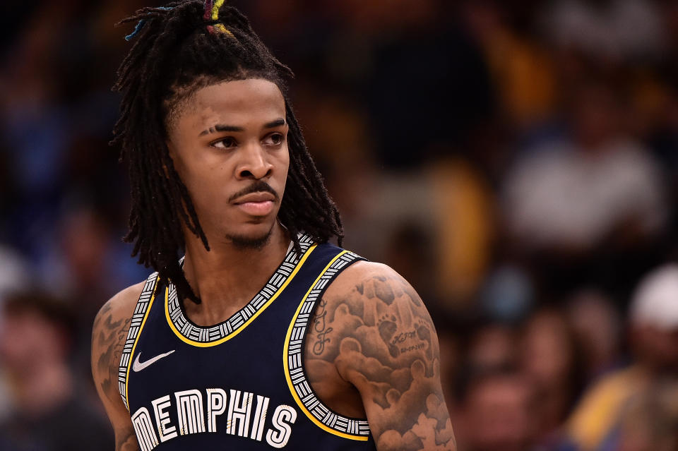 Memphis Grizzlies guard Ja Morant was injured late in the Grizzlies' blowout loss to the Golden State Warriors in Game 3 of the Western Conference semifinal series on May 7, 2022. (Justin Ford/Getty Images)