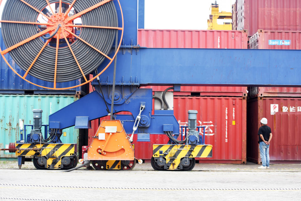 HUAI'AN, CHINA - OCTOBER 15, 2020 - Container transportation of goods in the new port operation area. Huai'an City, Jiangsu Province, China, October 15, 2020.- PHOTOGRAPH BY Costfoto / Barcroft Studios / Future Publishing (Photo credit should read Costfoto/Barcroft Media via Getty Images)