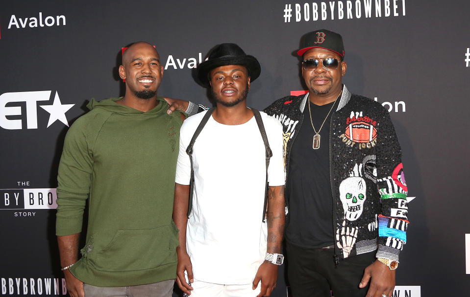 (L-R) Landon Brown, Bobby Brown Jr., and Bobby Brown arrive at the premiere screening of "The Bobby Brown Story" presented by BET and Totota at Paramount Theater on the Paramount Studios lot on August 29, 2018 in Hollywood, California.