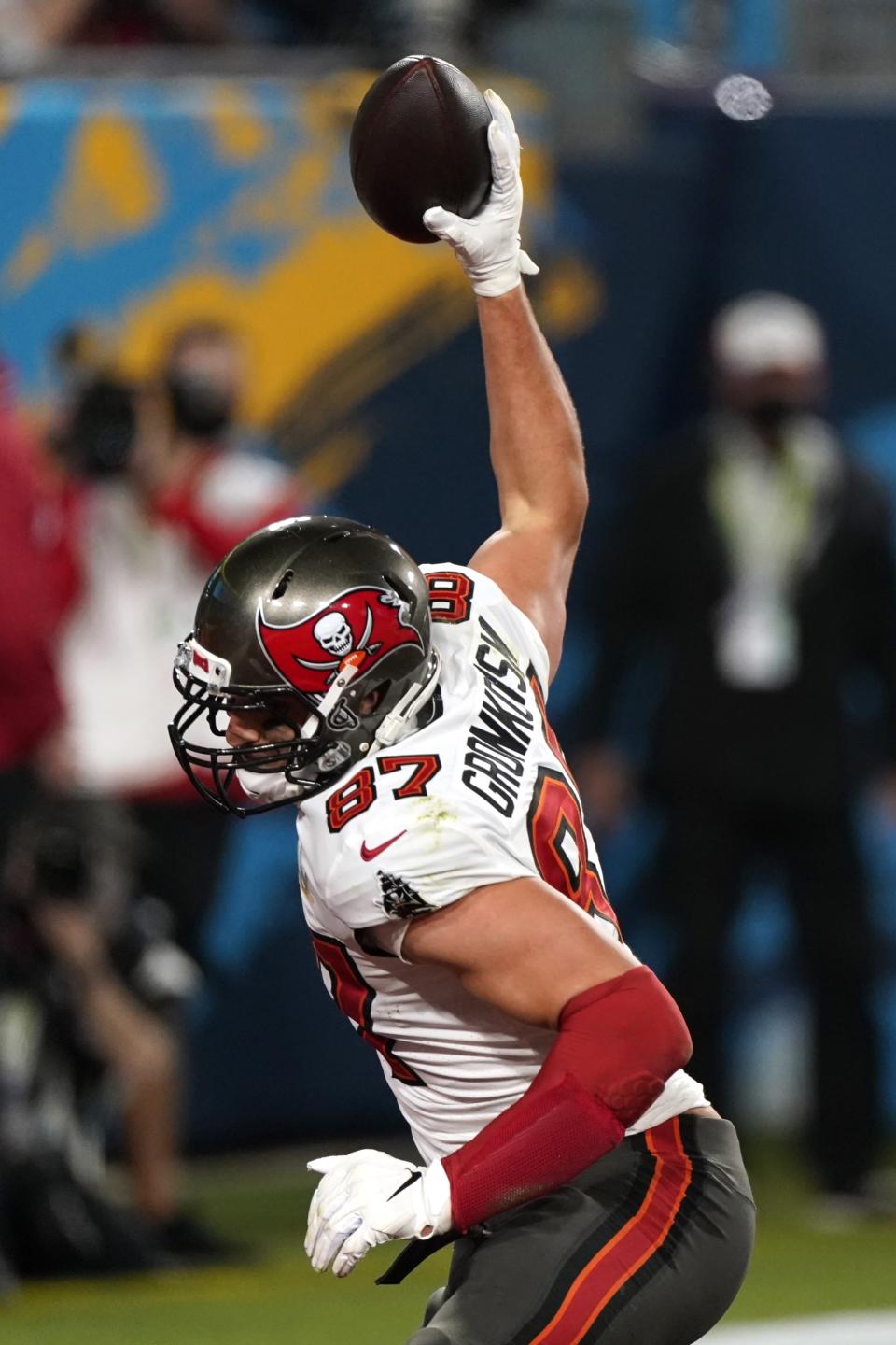 Tampa Bay Buccaneers tight end Rob Gronkowski celebrates after catching a 17-yard touchdown pass during the first half of the NFL Super Bowl 55 football game against the Kansas City Chiefs, Sunday, Feb. 7, 2021, in Tampa, Fla. (AP Photo/Gregory Bull)