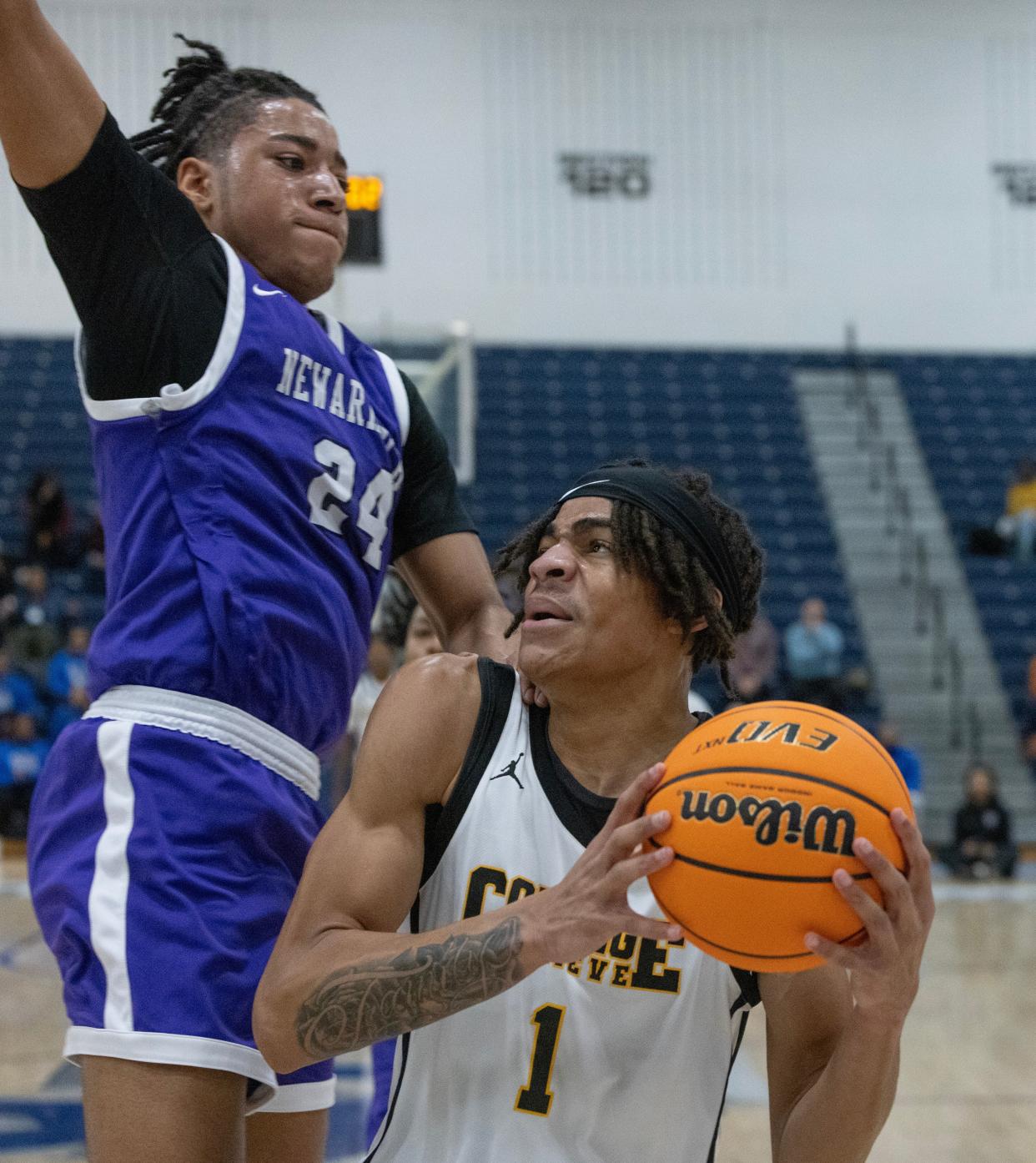 Achieve’s Nas Hart goes up with a shot against Newark’s Malcolm Bragg. College Achieve Asbury Park vs Newark Tech for NJSIAA Group 1 Title inToms River, NJ on March 10, 2024.