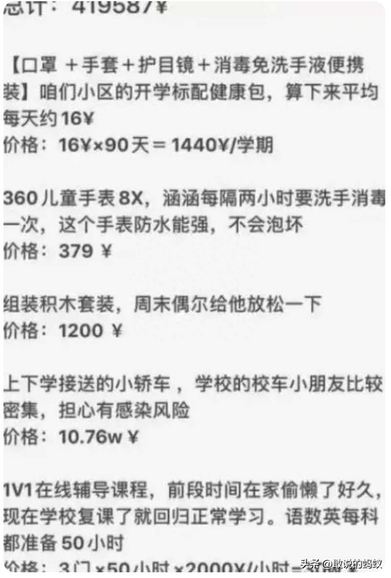 列出的清單太長，但可見總金額合計近42萬人民幣，令人瞠目結舌。圖／今日頭條