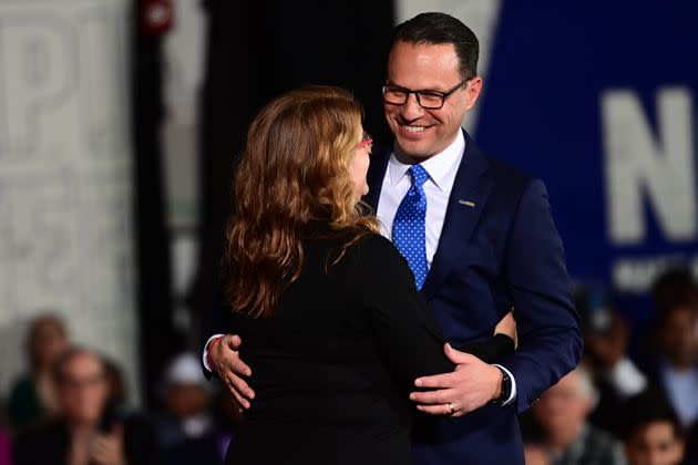 Democratic gubernatorial nominee Josh Shapiro embraces his wife, Lori Shapiro, onstage after giving a victory speech to supporters at the Greater Philadelphia Expo Center on Nov. 8 in Oaks, Pennsylvania. (Photo: Mark Makela via Getty Images)