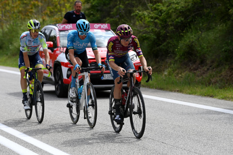 GRAN SASSO DITALIA  CAMPO IMPERATORE ITALY  MAY 12 LR Simone Petilli of Italy and Team Intermarch  Circus  Wanty Davide Bais of Italy and Team EOLOKometa and Karel Vacek of Czech Republic and Team Corratec  Selle Italia compete in the breakaway during the 106th Giro dItalia 2023 Stage 7 a 218km stage from Capua to Gran Sasso dItalia Campo Imperatore 2123m  UCIWT  on May 12 2023 in Gran Sasso dItalia Campo Imperatore Italy Photo by Tim de WaeleGetty Images