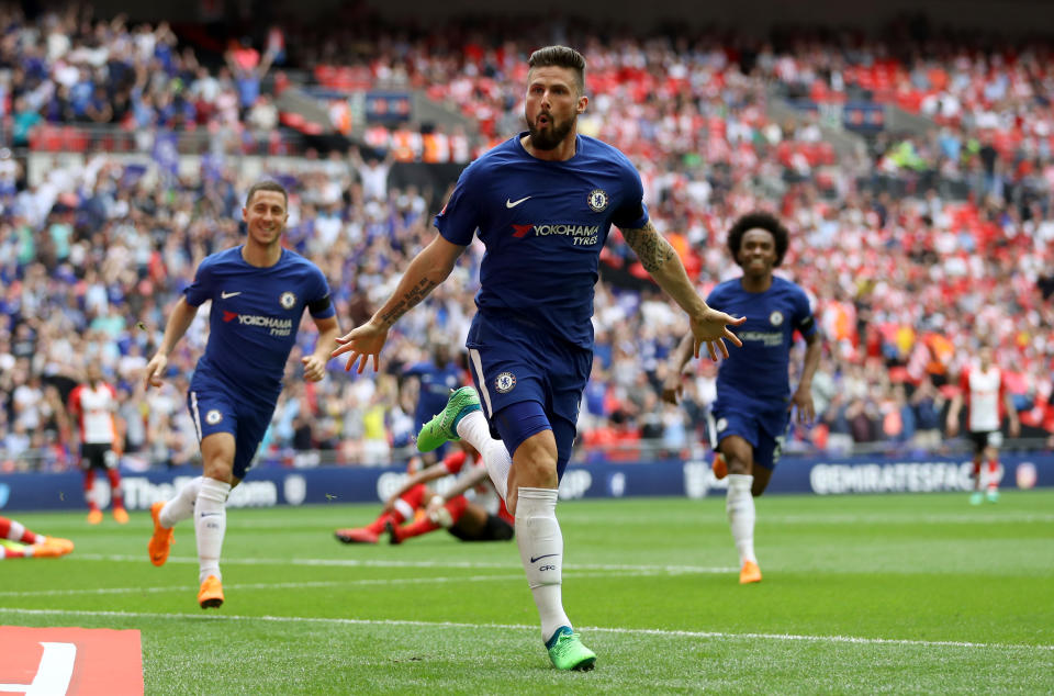 Olivier Giroud celebrates the opening goal in Chelsea’s 2-0 victory over Southampton in the FA Cup semi-final