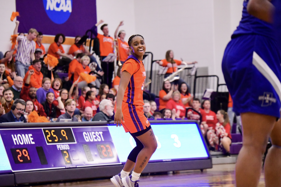 Evansville guard Myia Clark celebrates after scoring against Indiana State.