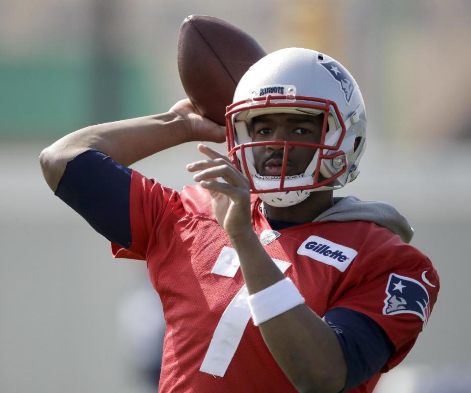 New England Patriots quarterback Jacoby Brissett participates in a drill during a practice for the NFL Super Bowl 51 football game Thursday, Feb. 2, 2017, in Houston. The Patriots will face the Atlanta Falcons in the Super Bowl Sunday. (AP Photo/Charlie Riedel)