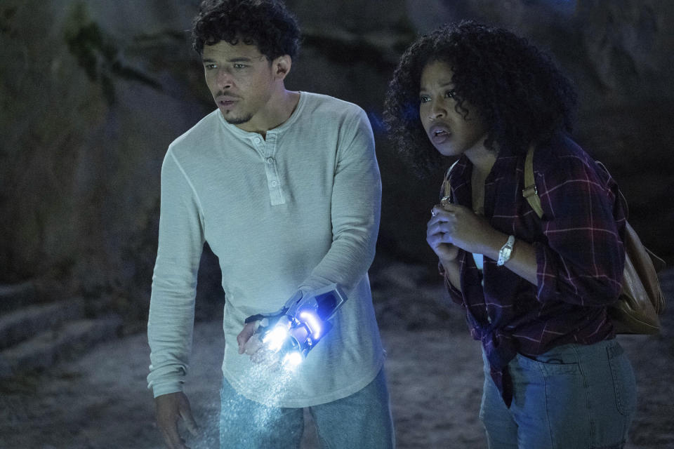 This image released by Paramount Pictures shows Anthony Ramos, left, and Dominique Fishback in a scene from "Transformers: Rise of the Beasts." (Paramount via AP)