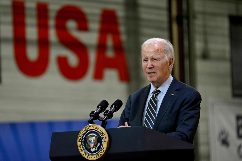 TOPSHOT - US President Joe Biden delivers remarks on his "Bidenomics" economic agenda and his Investing in America agenda at an Amtrak facility in New Castle County, Delaware, on November 6, 2023. (Photo by ANDREW CABALLERO-REYNOLDS / AFP) (Photo by ANDREW CABALLERO-REYNOLDS/AFP via Getty Images) ORIG FILE ID: AFP_34299TM.jpg