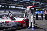 Marco Andretti reacts after winning the pole for the Indianapolis 500 auto race at Indianapolis Motor Speedway, Sunday, Aug. 16, 2020, in Indianapolis. (AP Photo/Darron Cummings)