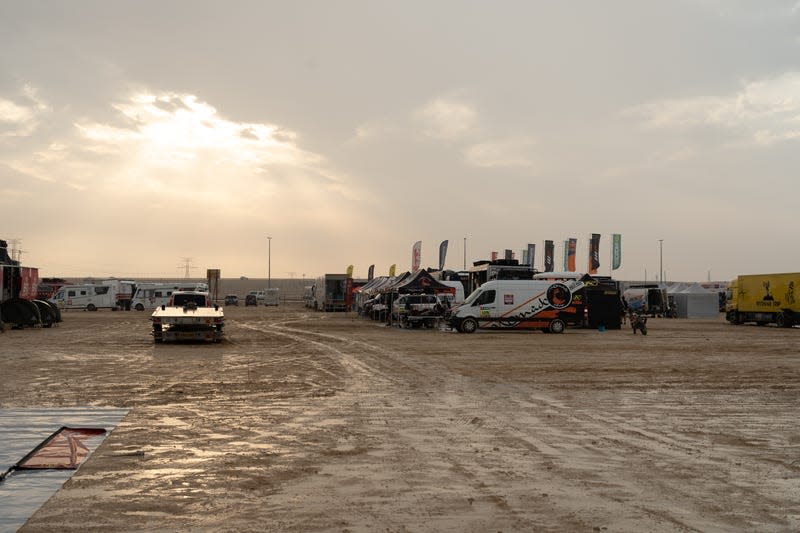 The bivouac on an early morning at the 2023 Dakar Rally.