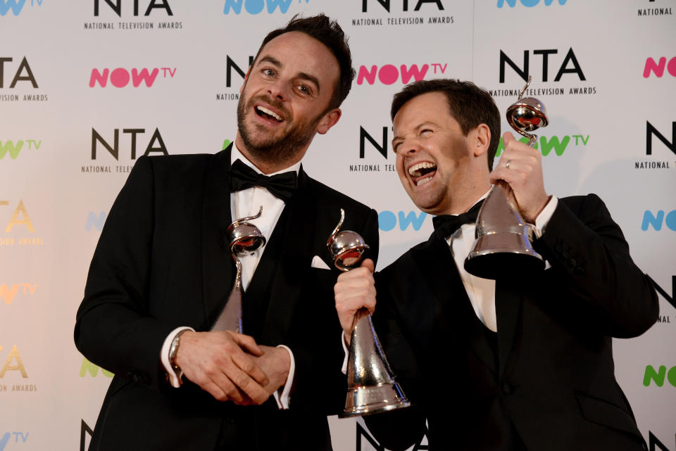 LONDON, ENGLAND - JANUARY 23:  Ant & Dec with the The Bruce Forsyth Entertainment Award and TV Presenter Award at the National Television Awards 2018 at The O2 Arena on January 23, 2018 in London, England.  (Photo by Dave J Hogan/Dave J Hogan/Getty Images)