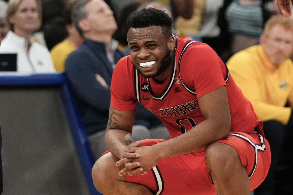 St. John's Posh Alexander (0) reacts during the second half of an NCAA college basketball game against Marquette in the quarterfinals of the Big East Conference Tournament Thursday, March 9, 2023, in New York. Marquette won 72-70. (AP Photo/Frank Franklin II)