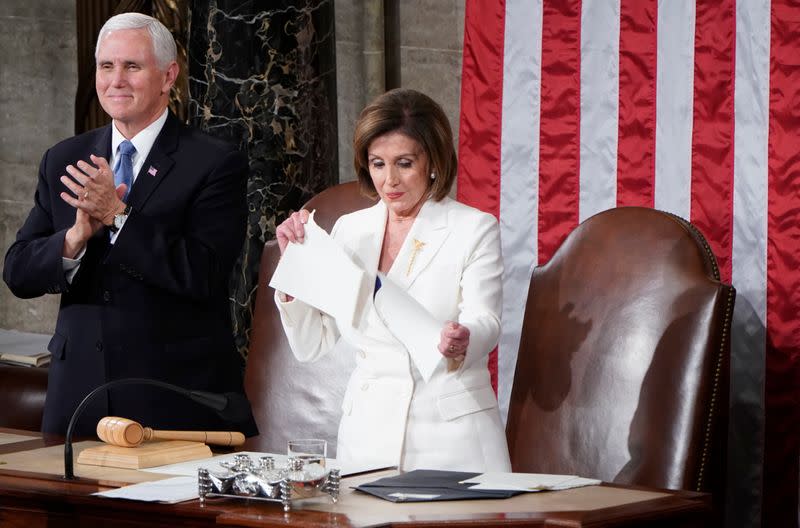 Speaker of the House Pelosi (D-CA) rips up U.S. President Trump's speech alongside Vice President Pence following the State of the Union address at the U.S. Capitol in Washington