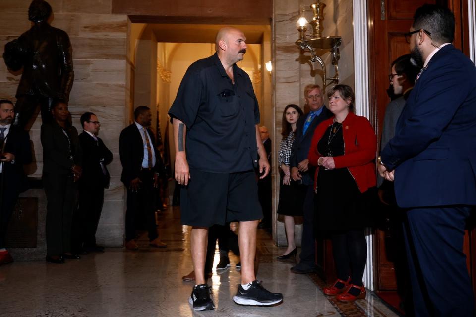 WASHINGTON, DC - SEPTEMBER 21: Sen. John Fetterman (D-PA) arrives at the Old Senate Chamber for a meeting between Ukrainian President Volodymyr Zelensky and a bipartisan group of senators at the U.S. Capitol on September 21, 2023 in Washington, DC. After attending the United Nations general assembly in New York earlier in the week, Zelensky is in Washington to meet with lawmakers and President Joe Biden about an additional $24 billion in military and humanitarian aid to Ukraine for the ongoing invasion by Russia. (Photo by Chip Somodevilla/Getty Images) (Getty Images)