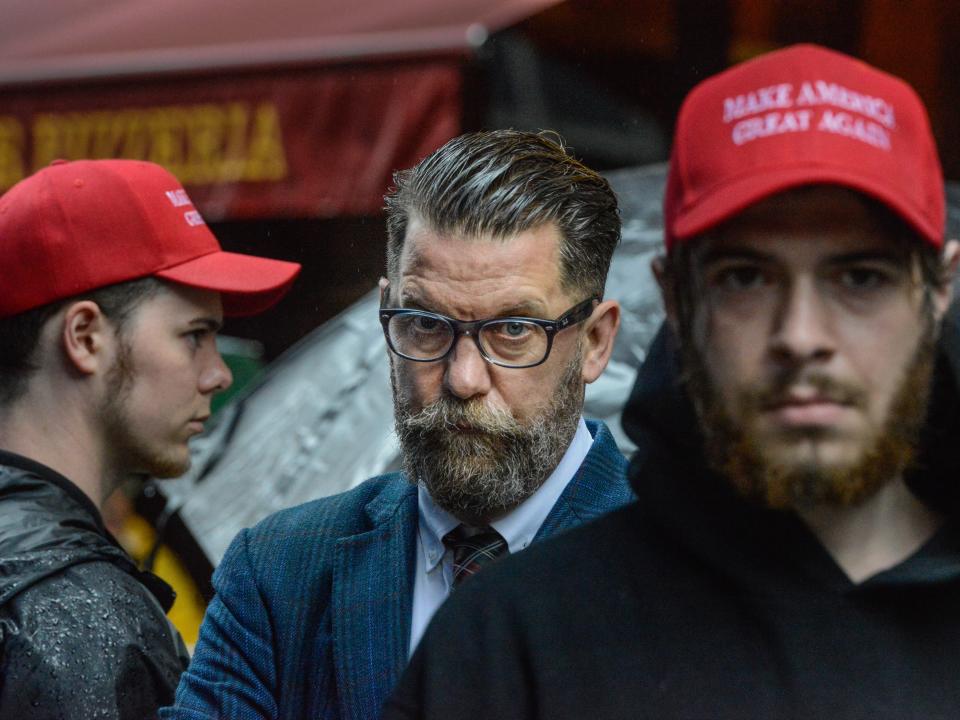 Gavin McInnes takes part in an Alt Right protest of Muslim Activist Linda Sarsour on May 25, 2017 in New York City