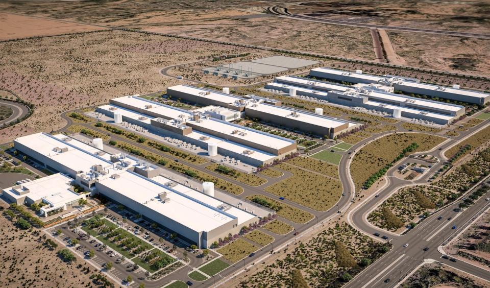 Rendering shows what Meta Platforms' data center campus, now under construction, will look like when completed in Mesa Arizona, a Phoenix suburb.