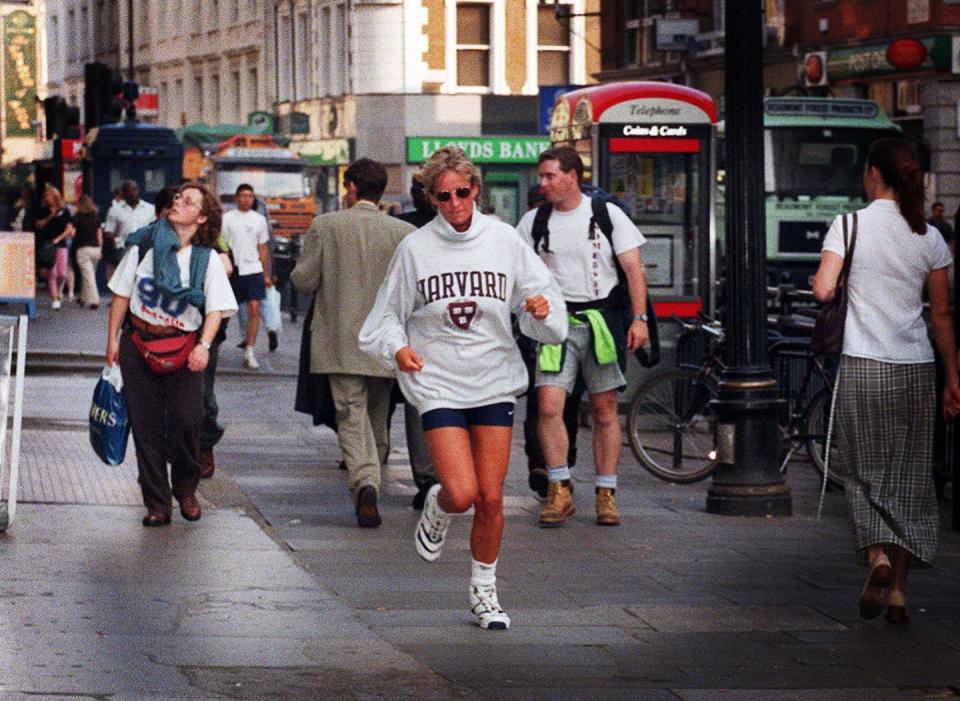 <p>Princess Diana, fitted in her running sneakers and bike shorts, jogged through the crowded London streets in 1997. The royal exercised about three times a week, doing everything from <a href="https://www.princessdianaforever.com/royal-beauty-secrets" rel="nofollow noopener" target="_blank" data-ylk="slk:walking and jogging to aerobics;elm:context_link;itc:0;sec:content-canvas" class="link ">walking and jogging to aerobics</a>. </p>