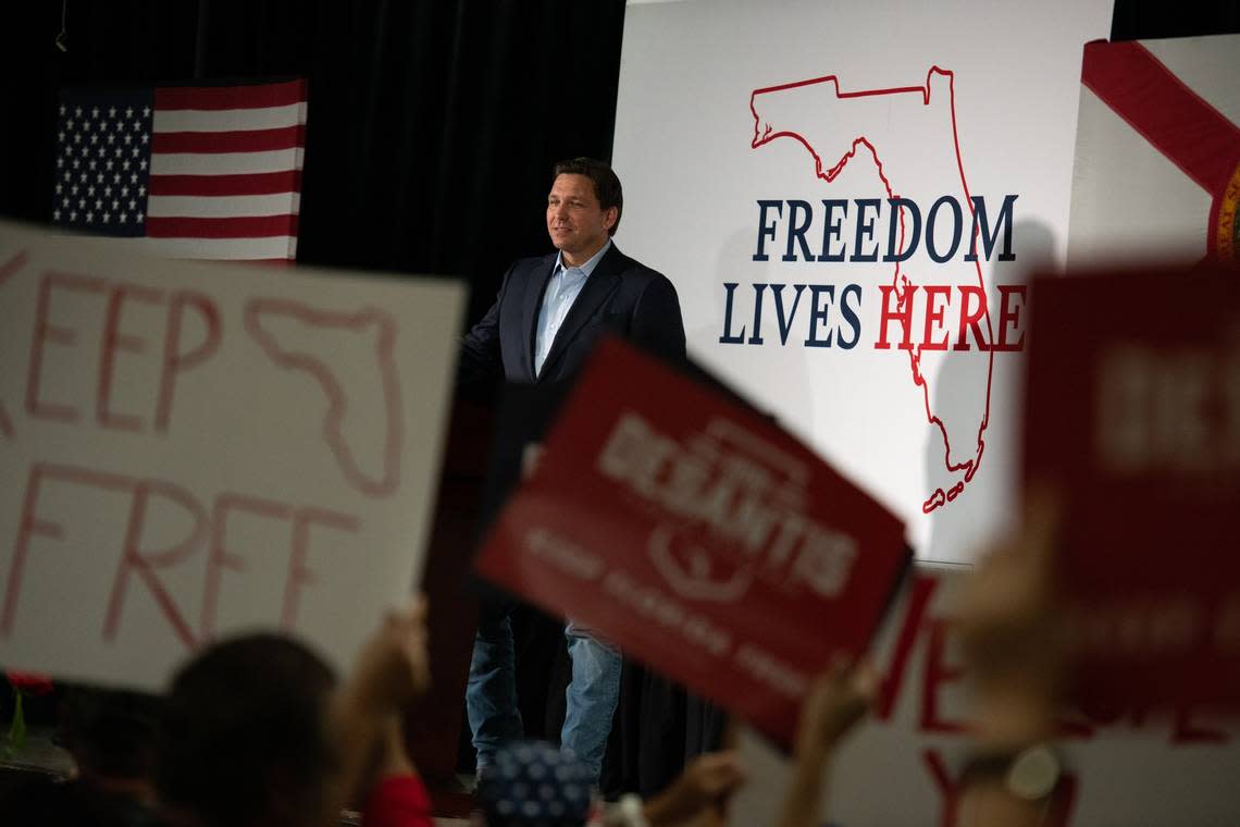 Gov. Ron DeSantis addresses a crowd of supporters in Sun City Center, Florida on Sunday, Nov. 6, 2022. @RonDeSantisFL on Twitter