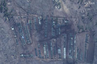 This image provided by Maxar Technologies shows close up of tanks and equipment at Pogorovo training area near Voronezh in Russia on Saturday, April 10, 2021. Russia has insisted that it has the right to restrict foreign naval ships' movement off Crimea, rejecting Ukrainian complaints and Western criticism. Ukraine last week protested the Russian move to close broad areas of the Black Sea near Crimea to foreign navy ships and state vessels until November. (Satellite image ©2021 Maxar Technologies via AP)