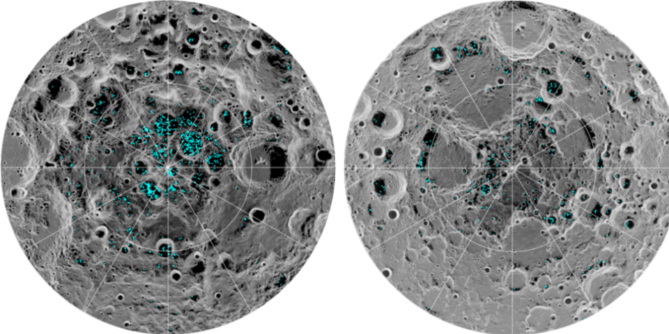 Die Verteilung des Oberflächeneises am Süd- (links) und Nordpol (rechts) des Mondes. Foto: NASA