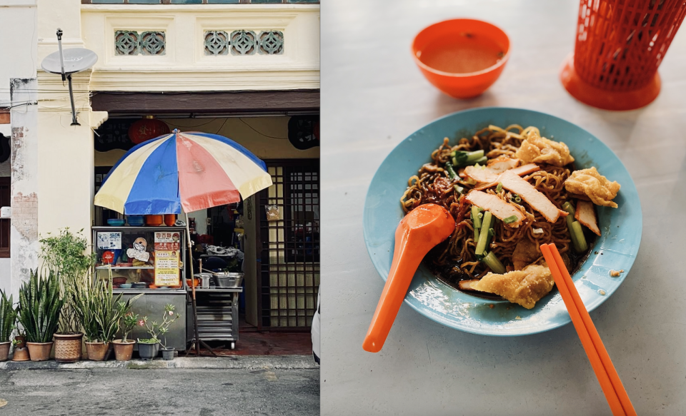 A composite picture of Lebuh Acheh Wan Tan Mee stall with a picture of its dish on a plate.