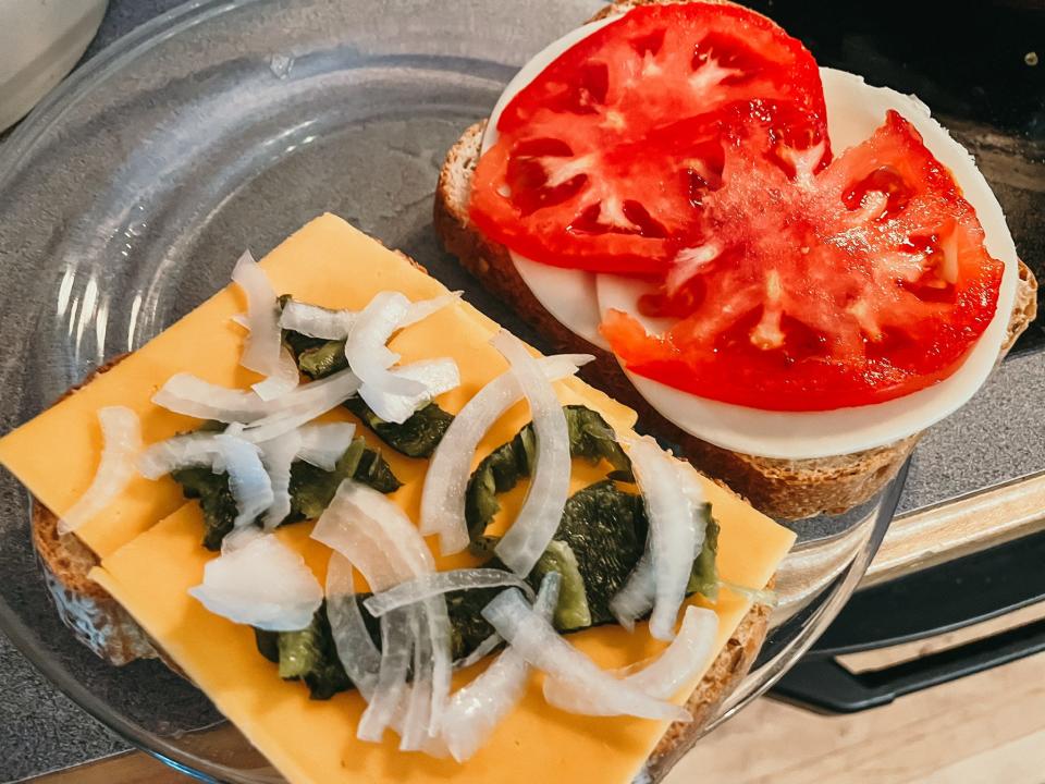 cheese, tomatoes, onions, chilies on rye bread