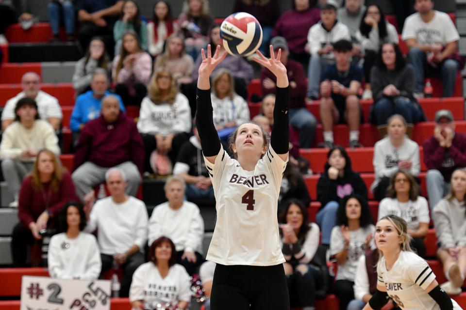 Beaver's Zoe Ringer sets the ball during the Class 2A WPIAL volleyball championship match against Freeport, Saturday at Peters Township High School.