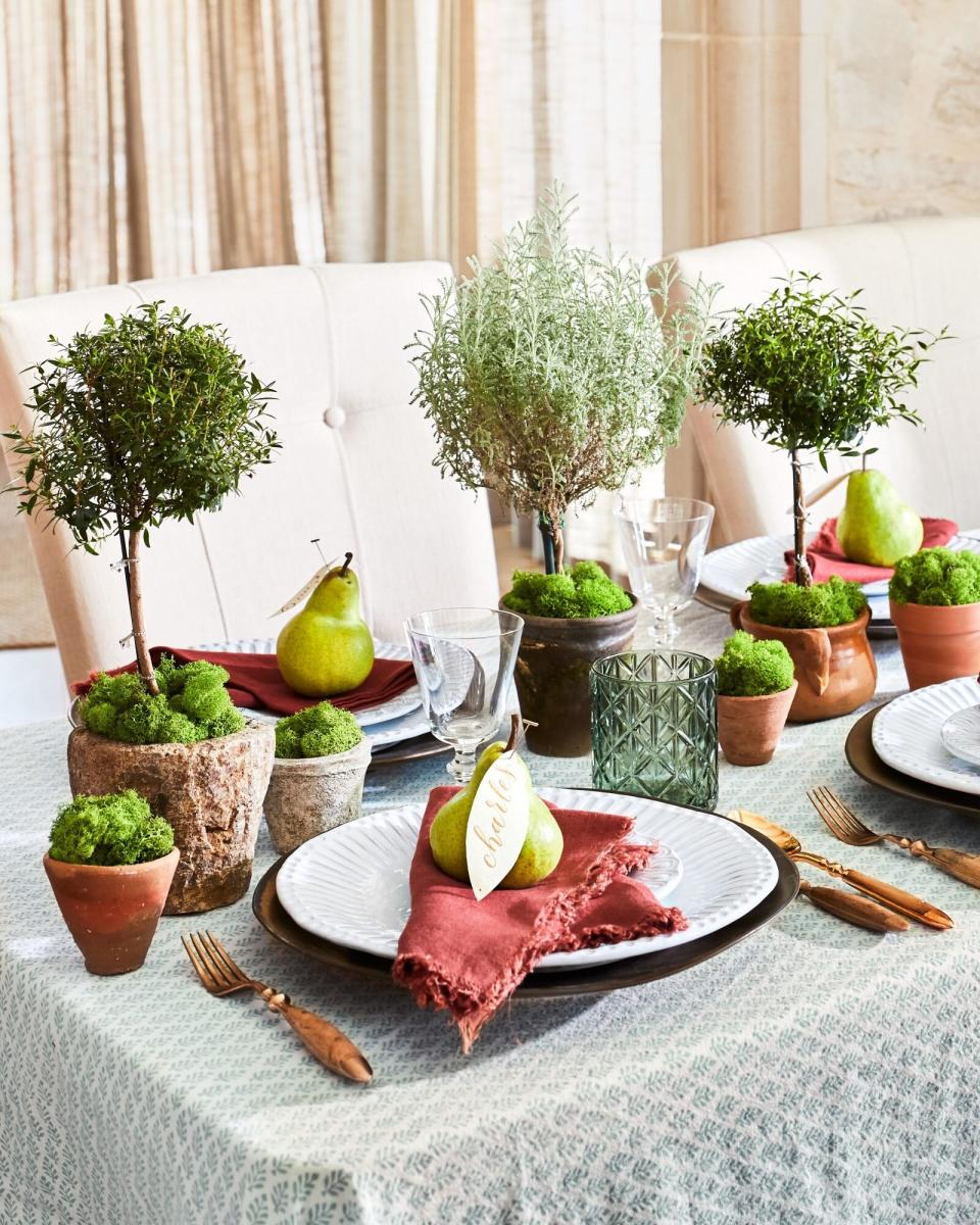 Thanksgiving Table Setting with Topiary Centerpieces and Pear Place Cards