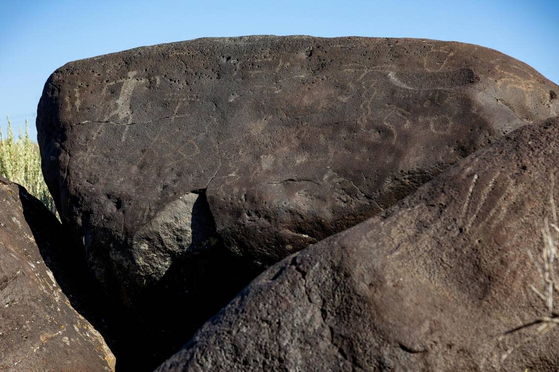 Petroglyphs mark basalt boulders along the canyons of the Snake River, such as this one at Celebration Park in Melba.