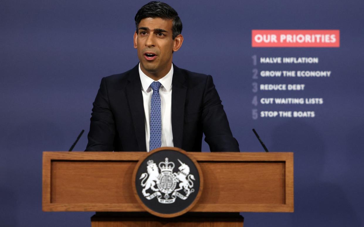 Prime Minister Rishi Sunak speaks at a press conference at Number 9 Downing Street on public sector pay