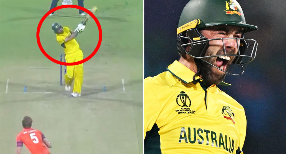 Glenn Maxwell stunned cricket fans with the fastest century in ODI World Cup history. Pic: Fox Cricket/Getty