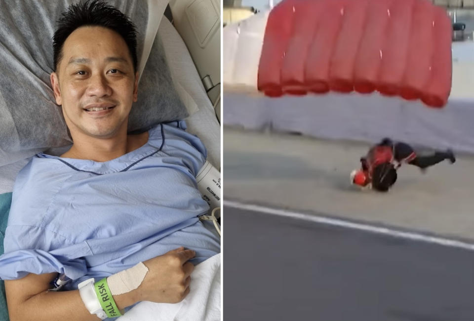 3WO Heng was the final of the 10 Red Lions who landed on the floating platform during an early segment of the National Day Parade on 9 August, 2022. (PHOTOS: ngenghen/Facebook, Channel 5 screencap)