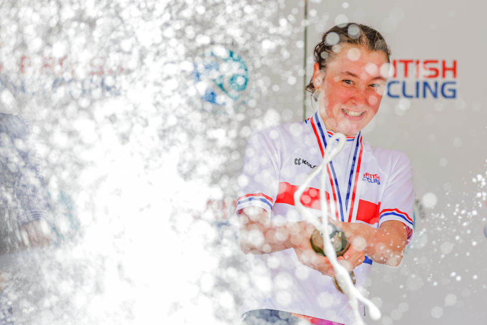 Picture by Alex Whitehead/SWpix.com - 25/06/2023 - Cycling - 2023 British National Road Championships - Saltburn-by-the-Sea, North Yorkshire, England - Womenâ€™s Road Race Under 23 - Anna Shackley of Team SD Worx on the podium winning the Under 23 category