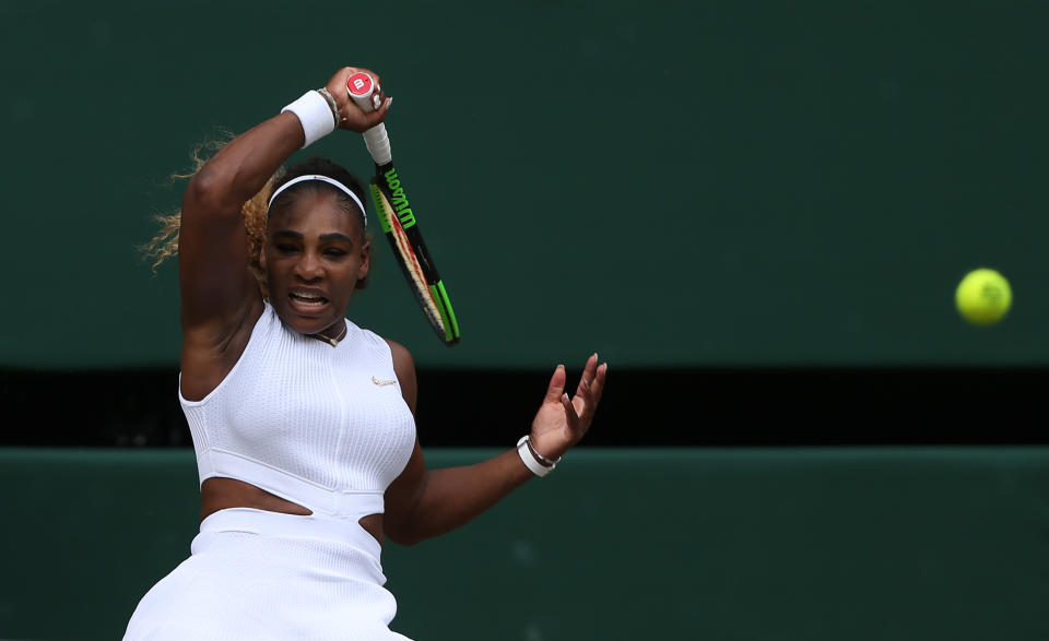 LONDON, ENGLAND - JULY 13: Serena Williams (USA) during her match against Simona Halep (ROU) in their Ladies' Singles Final match during Day 12 of The Championships - Wimbledon 2019 at All England Lawn Tennis and Croquet Club on July 13, 2019 in London, England. (Photo by Rob Newell - CameraSport via Getty Images)