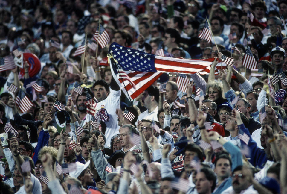 It was hard to not spot an American flag during Super Bowl XXV at Tampa Stadium. (Photo by Focus on Sport/Getty Images)