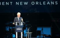 Former US president Bill Clinton speaks during a Hurricane Katrina 10th anniversary event at the Smoothie King Center on August 29, 2015 in New Orleans, Louisiana