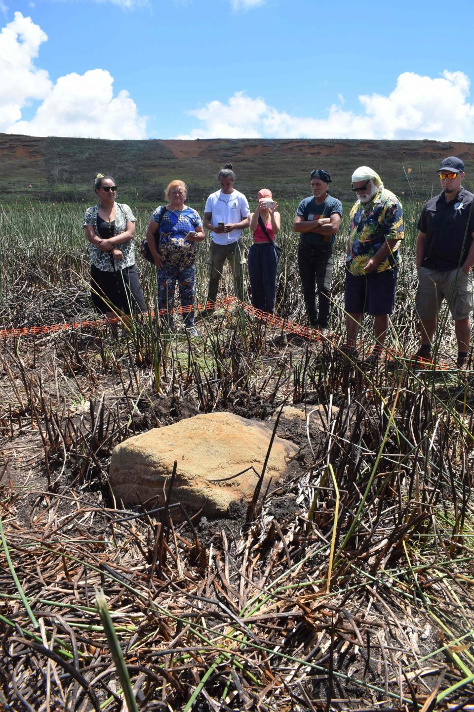 A group of scientists studying the bed of the Rano Raraku lake on Easter Island, which had dried in the past years due in part to climate change, with a statue discovered on Feb. 21. It's a smaller version of the renowned monumental statues of human figures with giant heads found across the island.