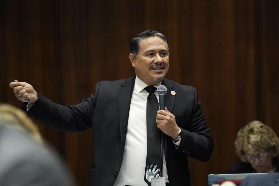 Arizona Rep. Diego Rodriguez, D-Laveen, explains his "no" vote during a vote on the Arizona budget at the Arizona Capitol Thursday, June 24, 2021, in Phoenix. (AP Photo/Ross D. Franklin)